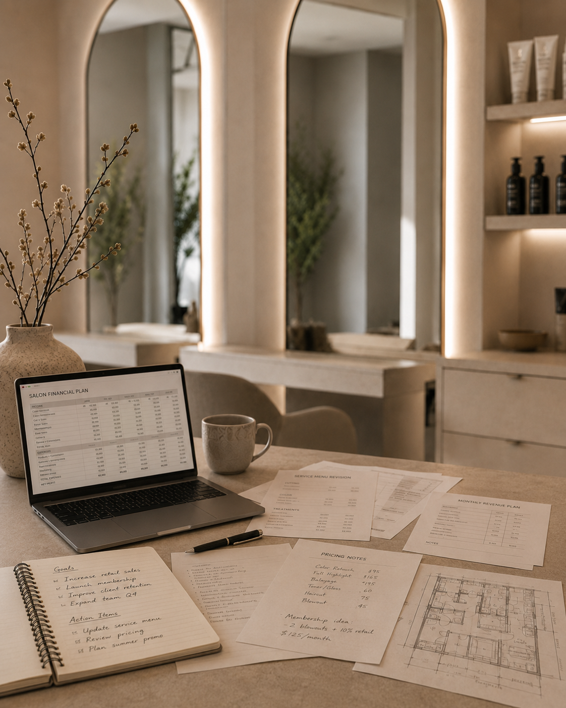 Salon consulting workspace with business plans, pricing notes and service menu planning for small salons and barbershops