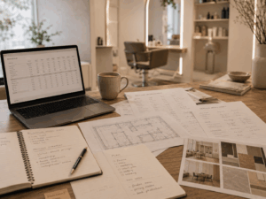 Salon business model planning with pricing worksheets, service menu notes and revenue planning for a small salon