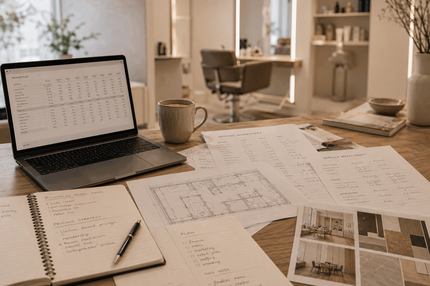 Salon business model planning with pricing worksheets, service menu notes and revenue planning for a small salon
