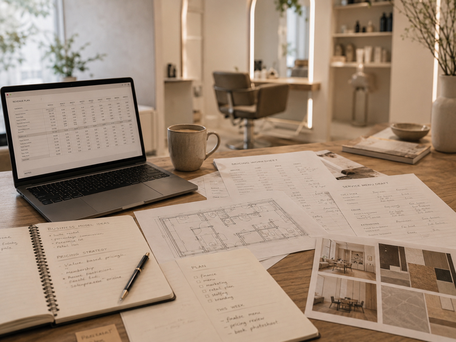 Salon business model planning with pricing worksheets, service menu notes and revenue planning for a small salon